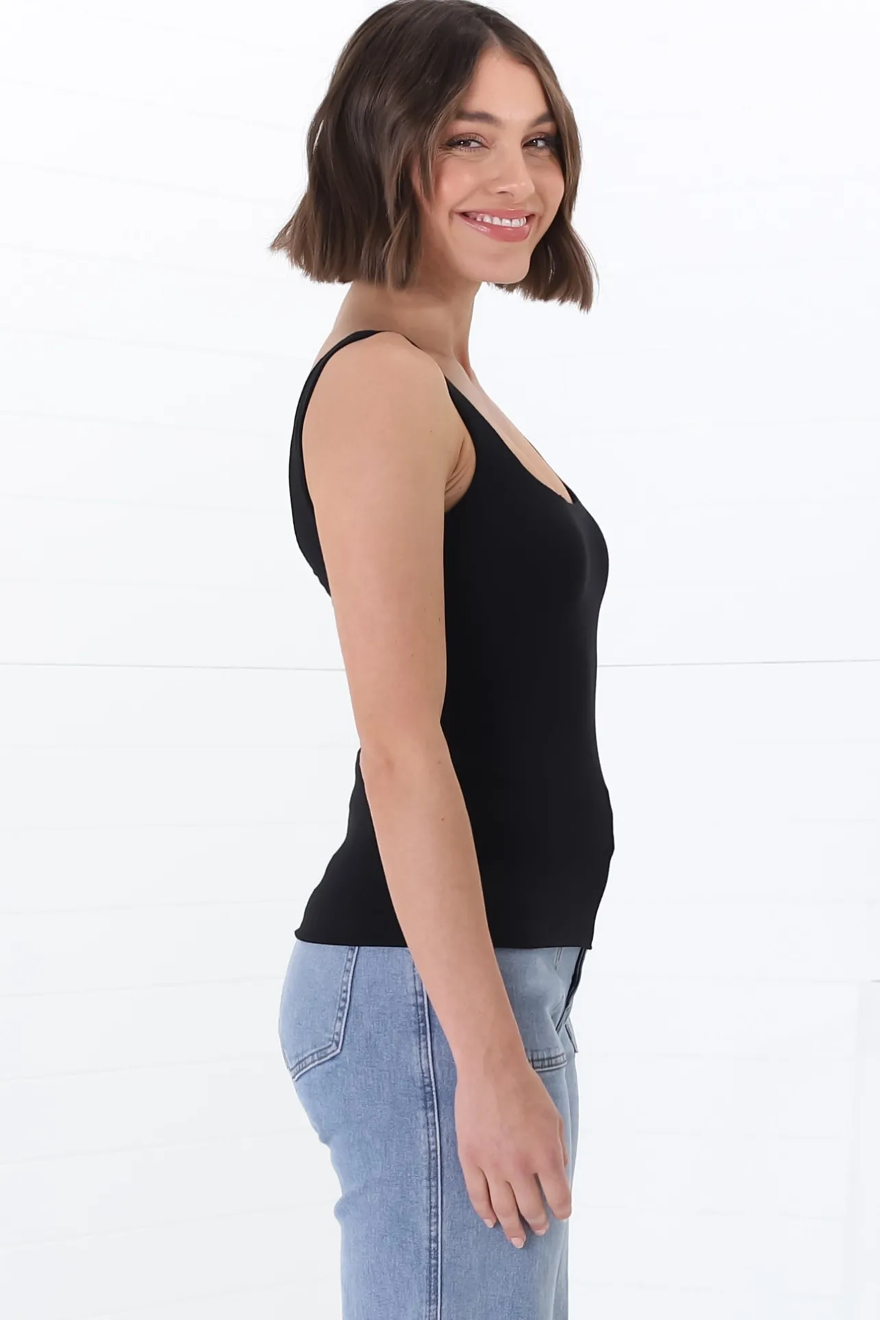 Sidney Singlet - Thin Strap Square Neckline Double Layered Singlet in Black>Salty Crush New