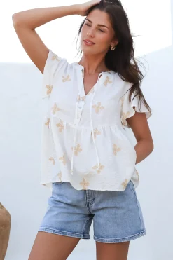 Siempre Top - Mandarin Collar Peplum Hem Top in Gigi Print White>Salty Crush