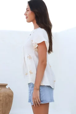 Siempre Top - Mandarin Collar Peplum Hem Top in Gigi Print White><noscript><img width=