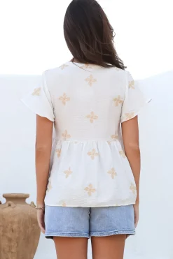 Siempre Top - Mandarin Collar Peplum Hem Top in Gigi Print White><noscript><img width=