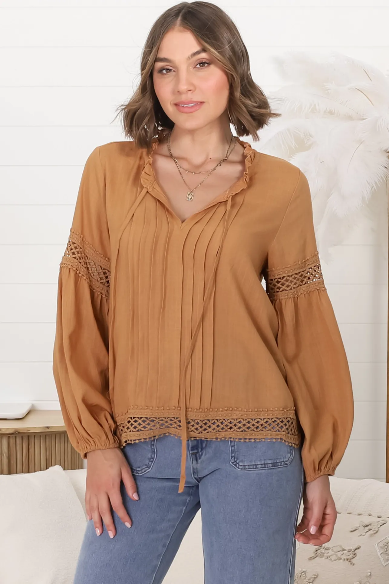 Silas Top - Cotton Blend Pleating and Crochet Detailed Long Sleeve Blouse in Tan>Salty Crush Discount