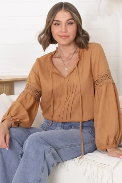 Silas Top - Cotton Blend Pleating and Crochet Detailed Long Sleeve Blouse in Tan><noscript><img width=