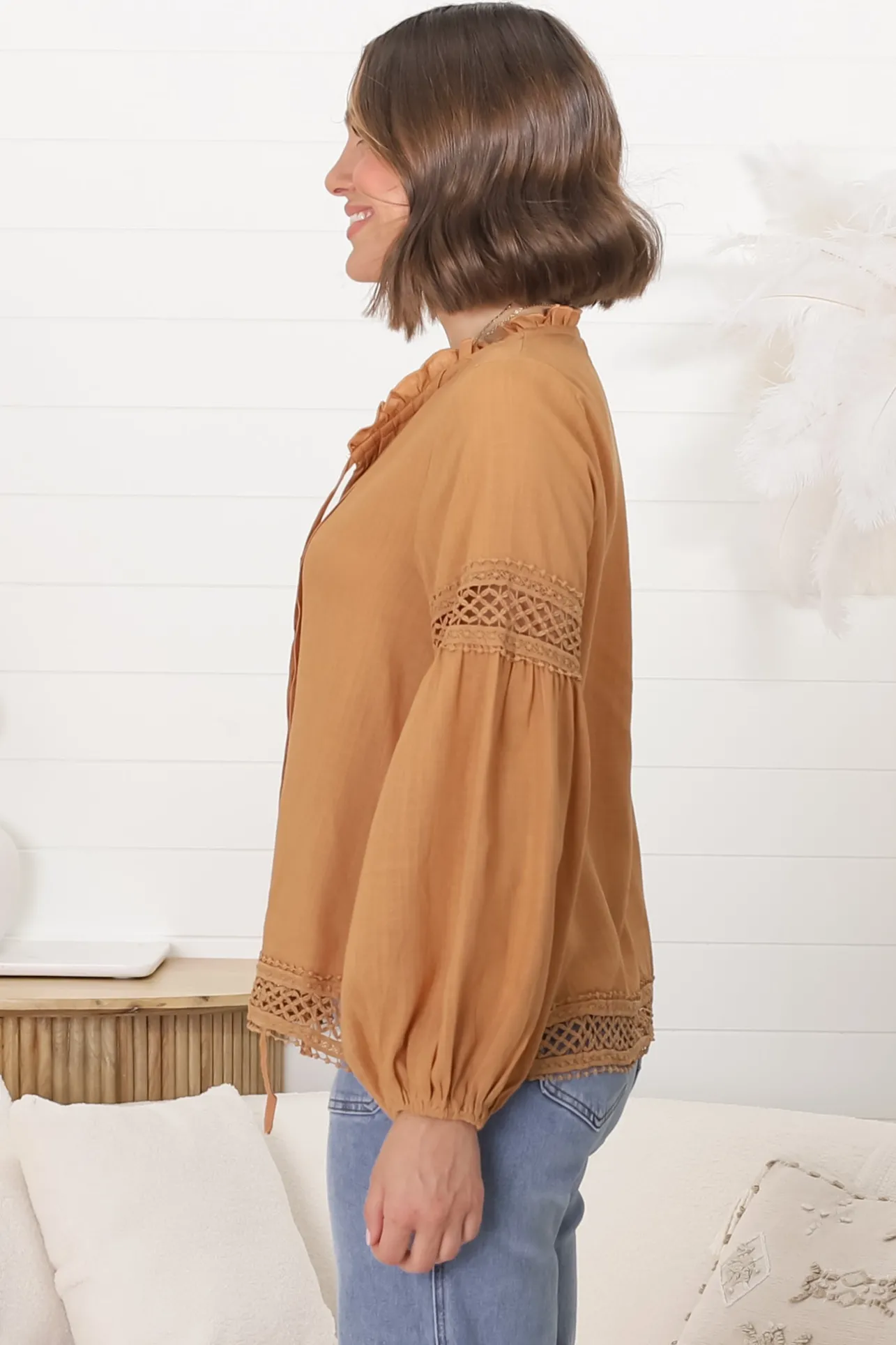 Silas Top - Cotton Blend Pleating and Crochet Detailed Long Sleeve Blouse in Tan>Salty Crush Discount