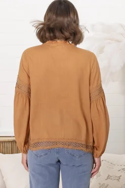 Silas Top - Cotton Blend Pleating and Crochet Detailed Long Sleeve Blouse in Tan><noscript><img width=