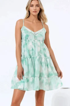 Sitara Mini Dress - V-Neck Tiered Sun Dress in Tie Dye Print Green>Salty Crush Discount