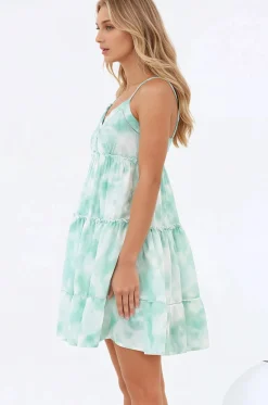 Sitara Mini Dress - V-Neck Tiered Sun Dress in Tie Dye Print Green><noscript><img width=