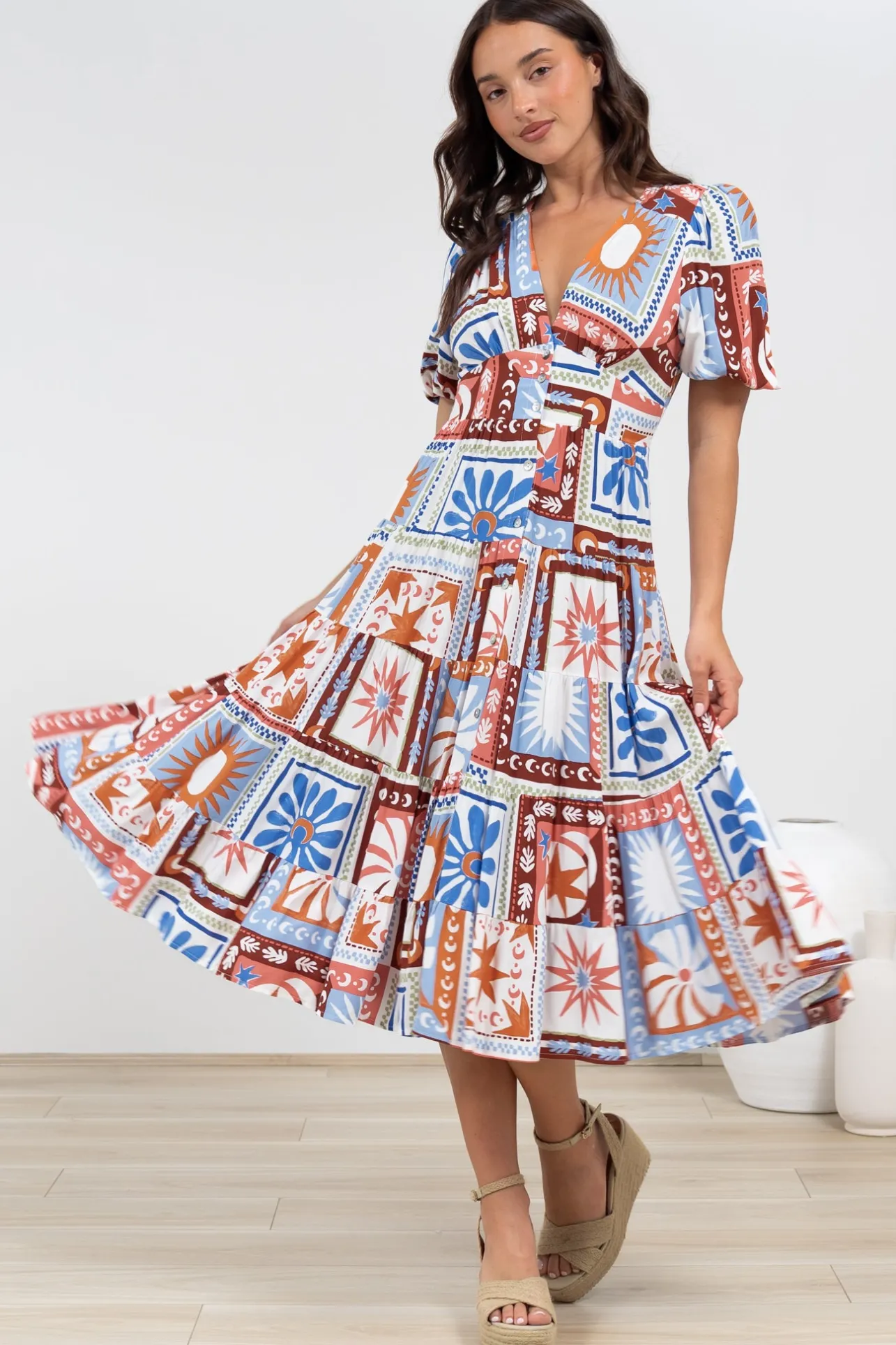 Sivana Midi Dress - V-Neck Buttoned Down Dress with Short Sleeves in Lirael Print>Salty Crush Sale