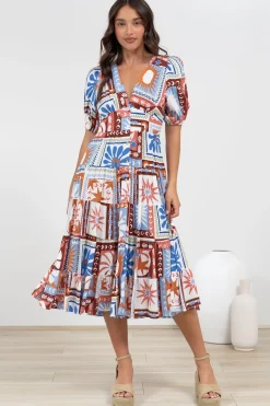 Sivana Midi Dress - V-Neck Buttoned Down Dress with Short Sleeves in Lirael Print>Salty Crush Sale