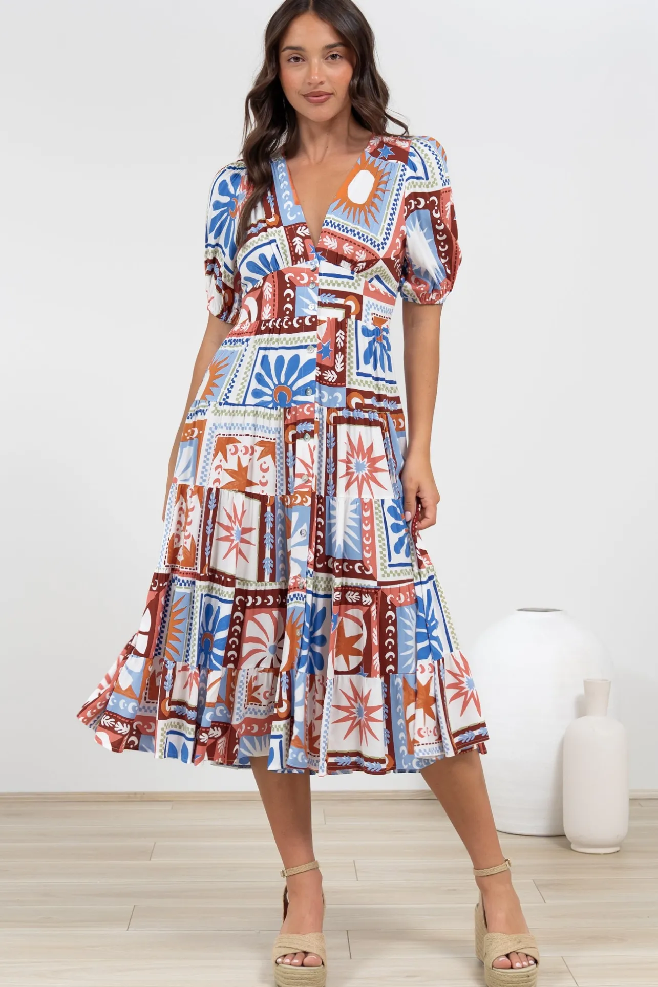 Sivana Midi Dress - V-Neck Buttoned Down Dress with Short Sleeves in Lirael Print>Salty Crush Sale