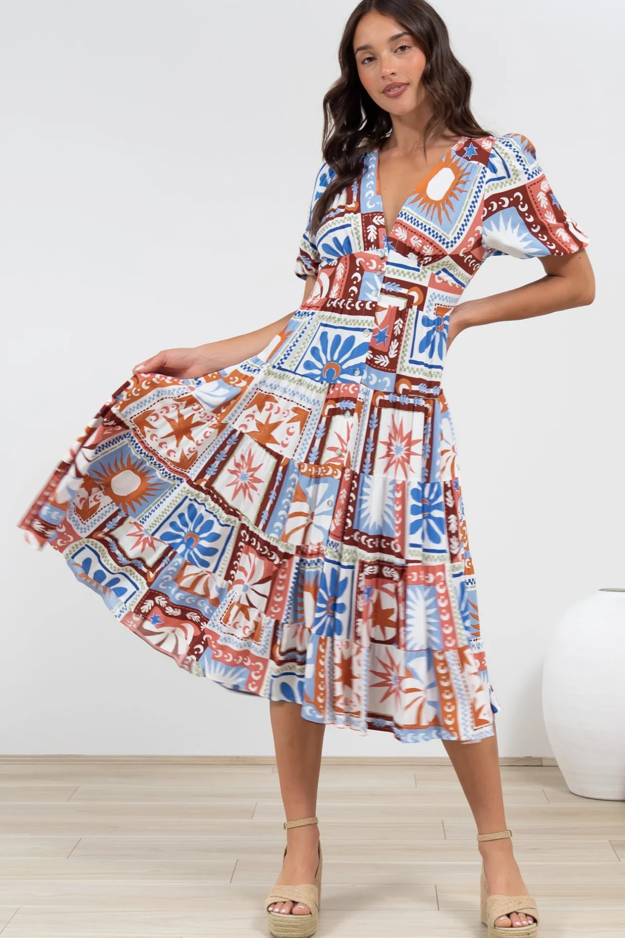 Sivana Midi Dress - V-Neck Buttoned Down Dress with Short Sleeves in Lirael Print>Salty Crush Sale