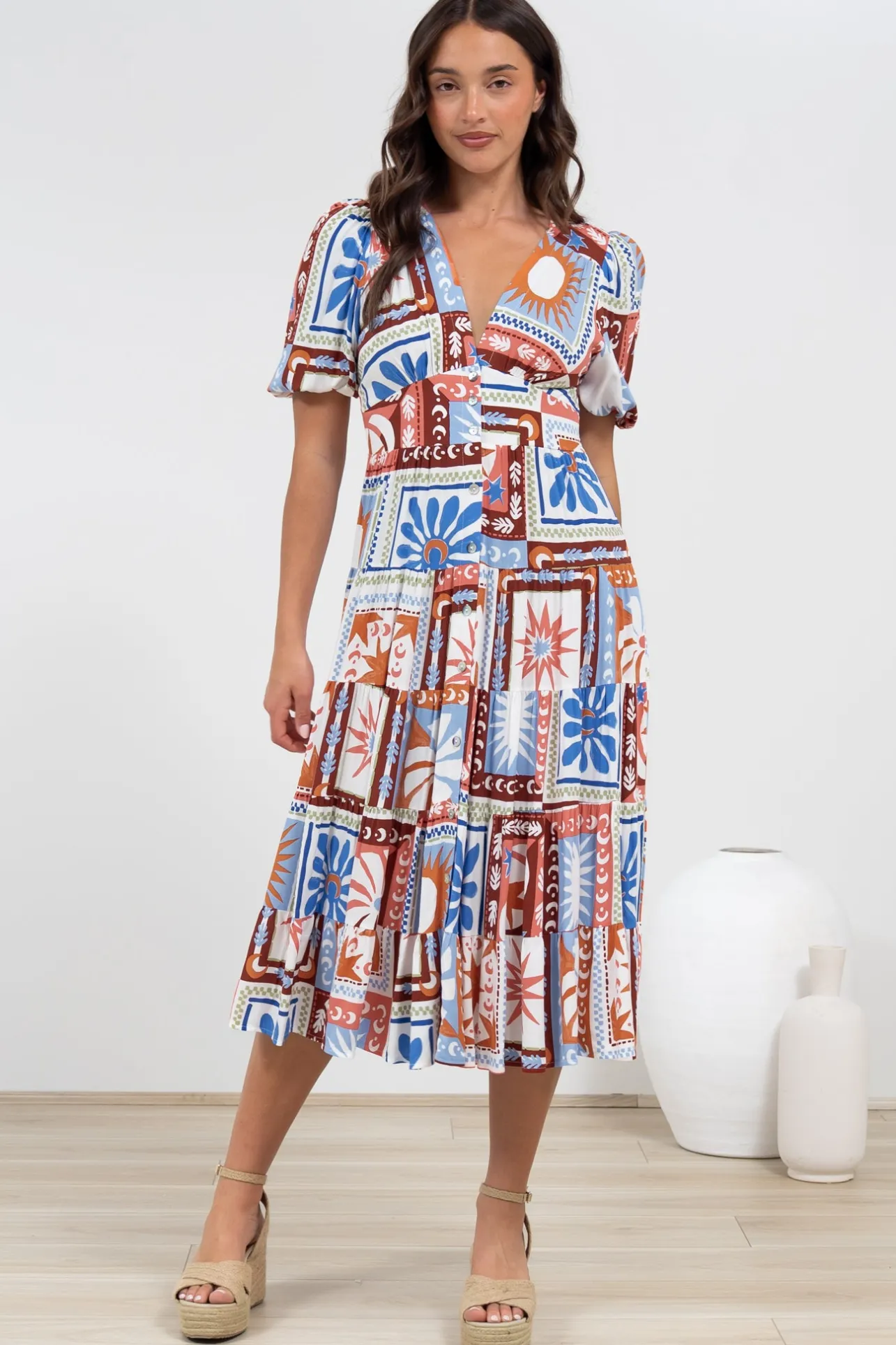 Sivana Midi Dress - V-Neck Buttoned Down Dress with Short Sleeves in Lirael Print>Salty Crush Sale