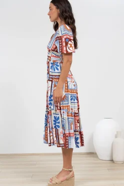 Sivana Midi Dress - V-Neck Buttoned Down Dress with Short Sleeves in Lirael Print><noscript><img width=