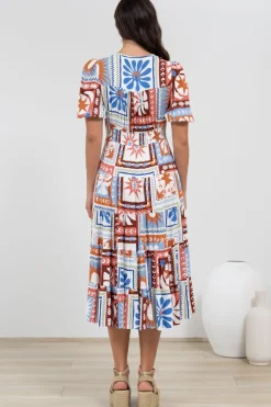 Sivana Midi Dress - V-Neck Buttoned Down Dress with Short Sleeves in Lirael Print><noscript><img width=
