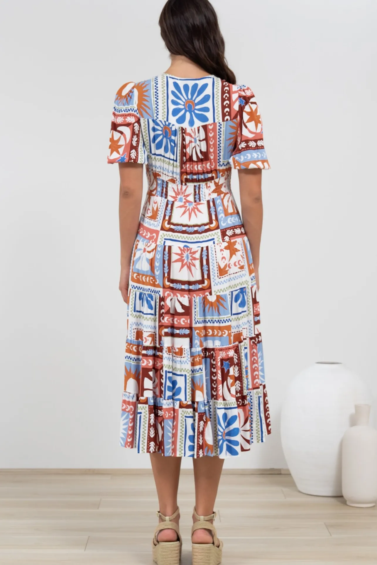 Sivana Midi Dress - V-Neck Buttoned Down Dress with Short Sleeves in Lirael Print>Salty Crush Sale