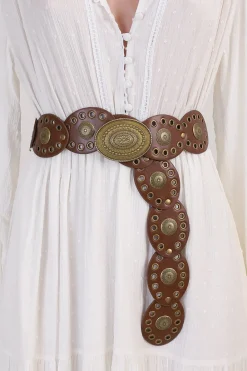Slate Rivet Gold Buckle Belt - Brown>Salty Crush New