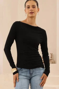 Slate Top - Boat Neck Long Sleeve Top in Black>Salty Crush Hot