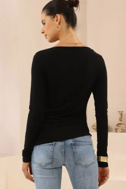 Slate Top - Boat Neck Long Sleeve Top in Black><noscript><img width=