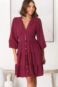 Soho Mini Dress - A Line Button Down Tiered Dress in Berry><noscript><img width=