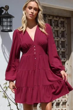 Soho Mini Dress - A Line Button Down Tiered Dress in Berry><noscript><img width=