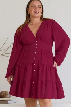 Soho Mini Dress - A Line Button Down Tiered Dress in Berry><noscript><img width=