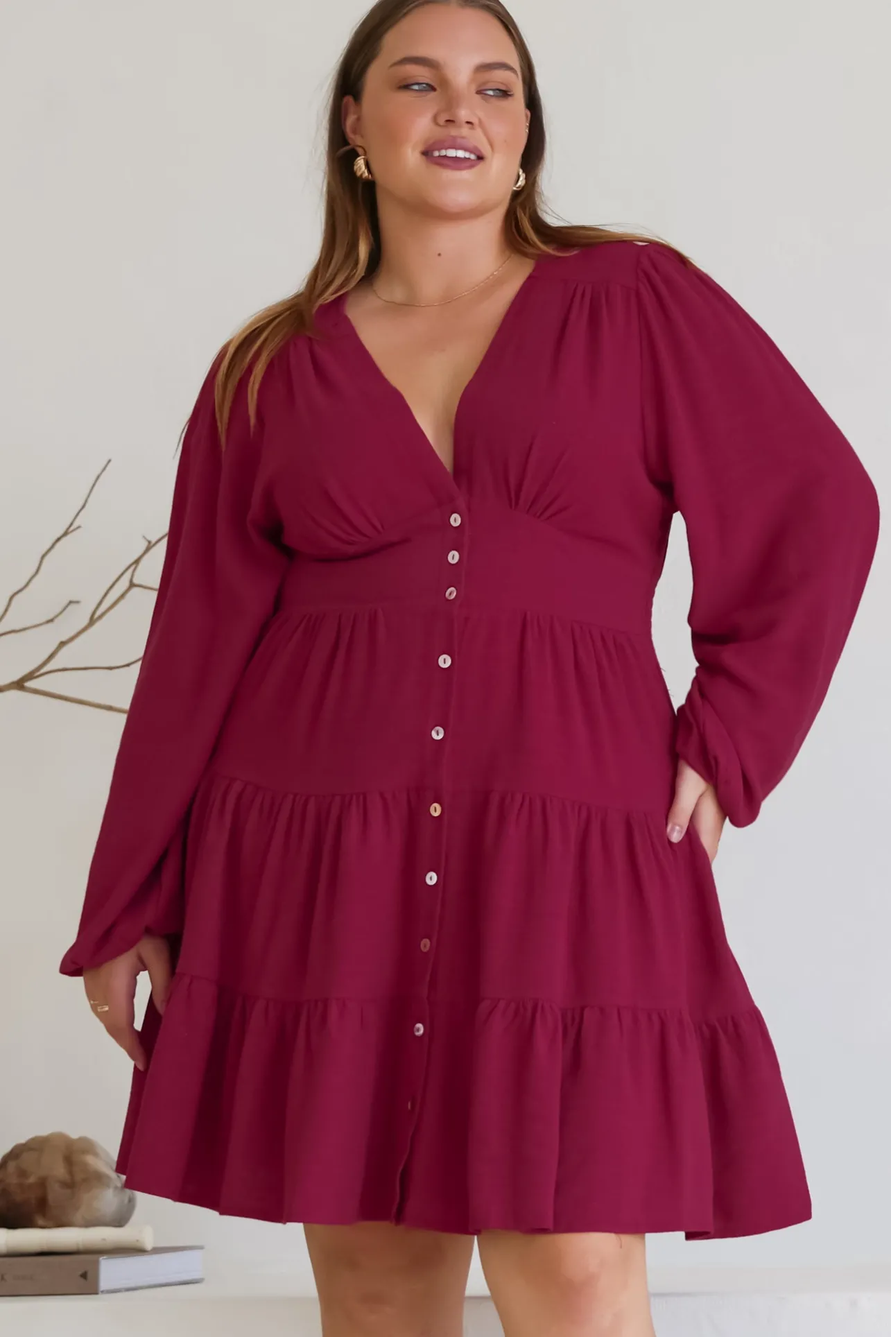 Soho Mini Dress - A Line Button Down Tiered Dress in Berry>Salty Crush Best