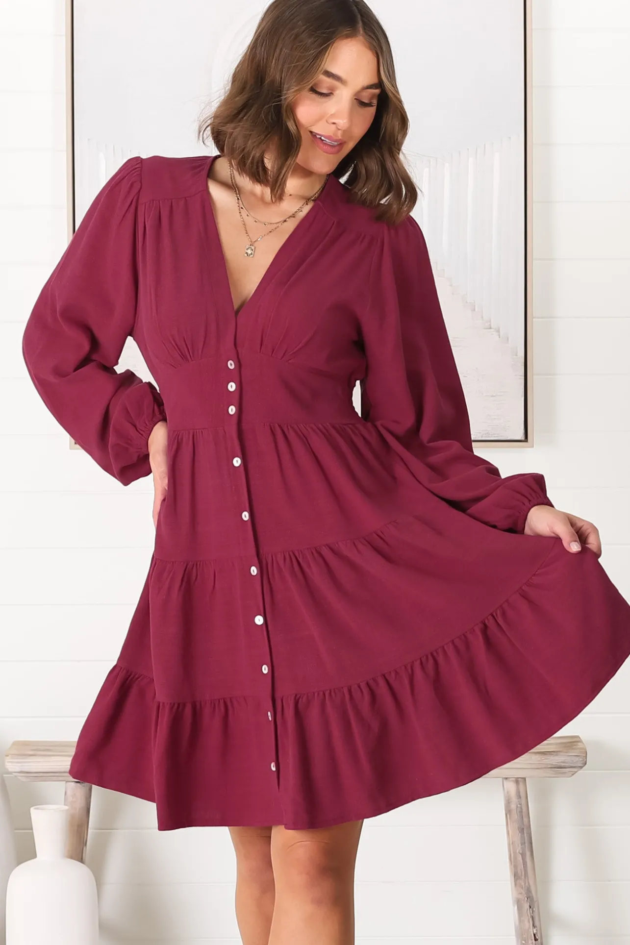 Soho Mini Dress - A Line Button Down Tiered Dress in Berry>Salty Crush Best