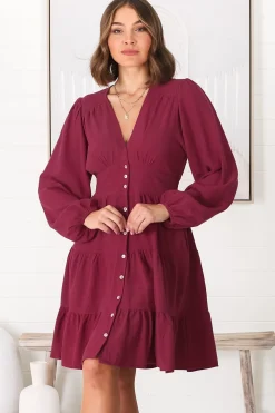 Soho Mini Dress - A Line Button Down Tiered Dress in Berry><noscript><img width=