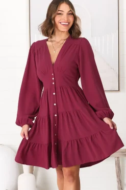 Soho Mini Dress - A Line Button Down Tiered Dress in Berry><noscript><img width=
