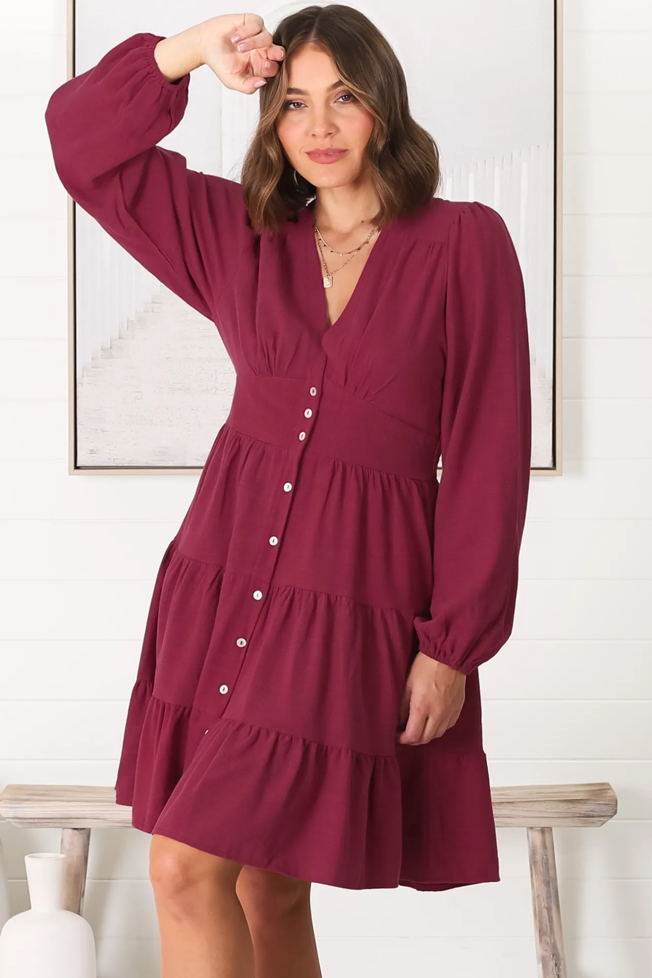 Soho Mini Dress - A Line Button Down Tiered Dress in Berry>Salty Crush Best