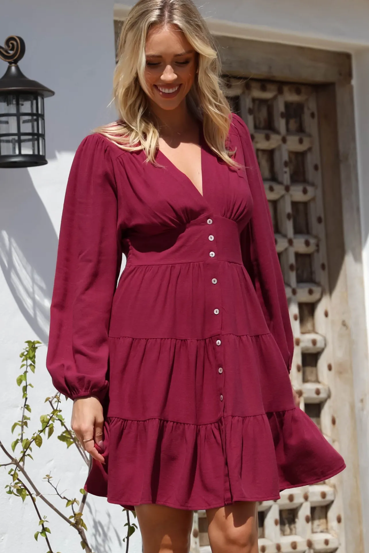 Soho Mini Dress - A Line Button Down Tiered Dress in Berry>Salty Crush Best