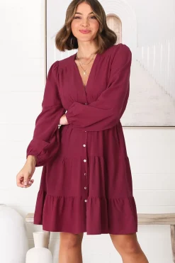 Soho Mini Dress - A Line Button Down Tiered Dress in Berry><noscript><img width=