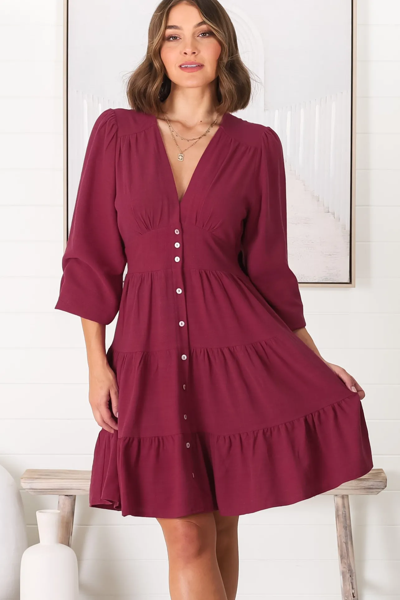 Soho Mini Dress - A Line Button Down Tiered Dress in Berry>Salty Crush Best