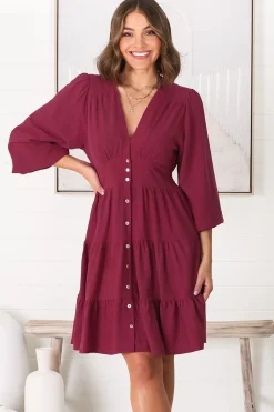 Soho Mini Dress - A Line Button Down Tiered Dress in Berry><noscript><img width=