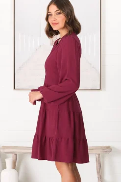 Soho Mini Dress - A Line Button Down Tiered Dress in Berry><noscript><img width=