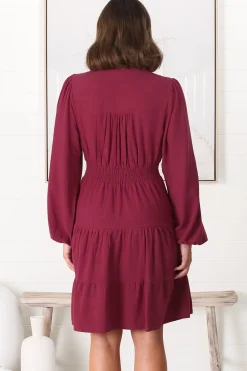 Soho Mini Dress - A Line Button Down Tiered Dress in Berry><noscript><img width=