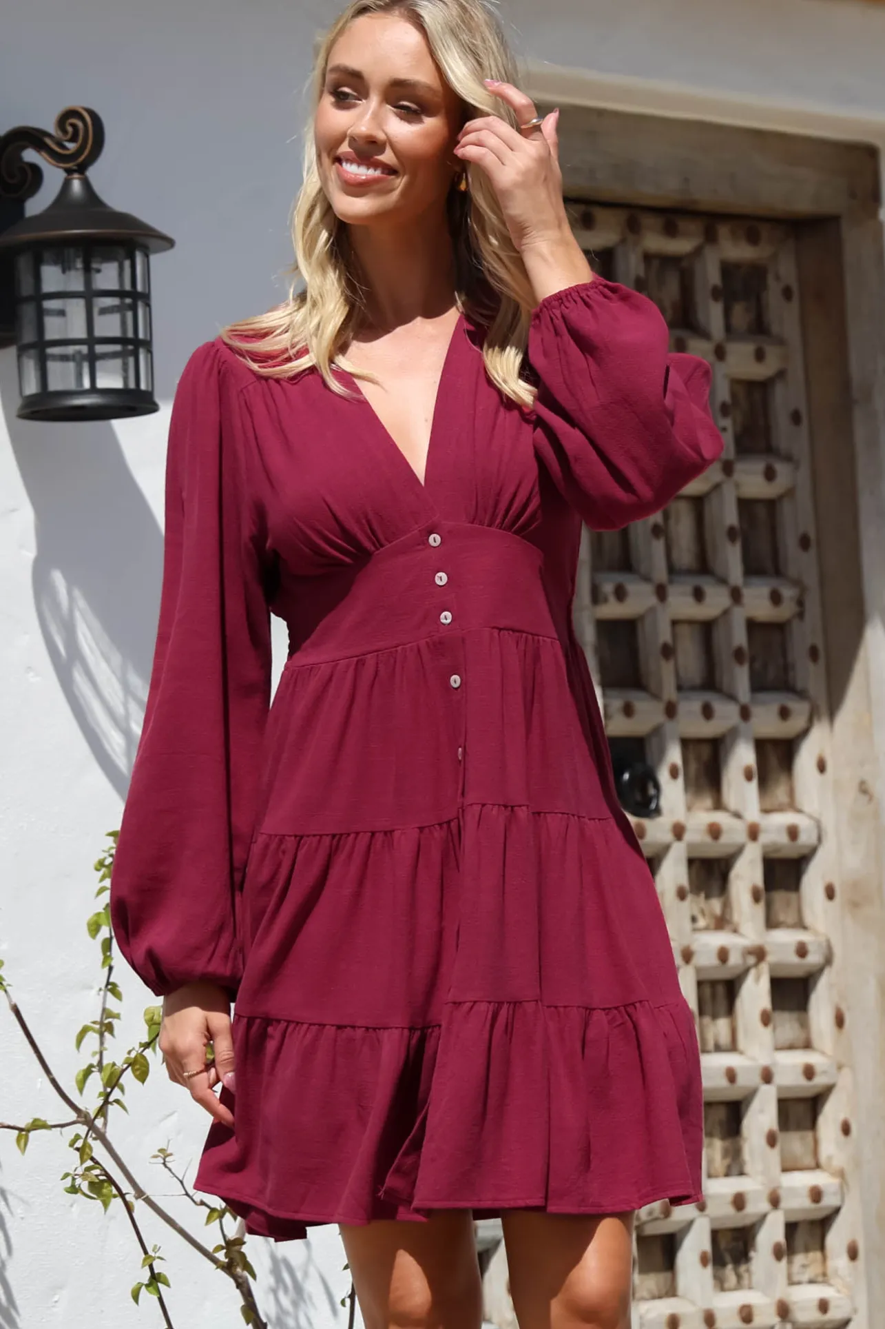 Soho Mini Dress - A Line Button Down Tiered Dress in Berry>Salty Crush Best