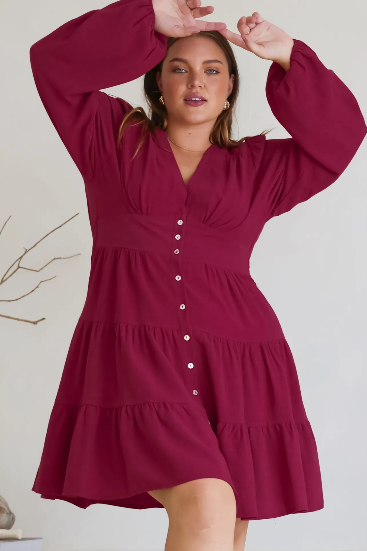 Soho Mini Dress - A Line Button Down Tiered Dress in Berry>Salty Crush Best
