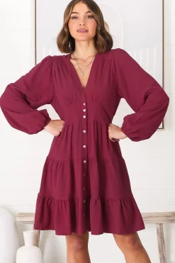 Soho Mini Dress - A Line Button Down Tiered Dress in Berry><noscript><img width=