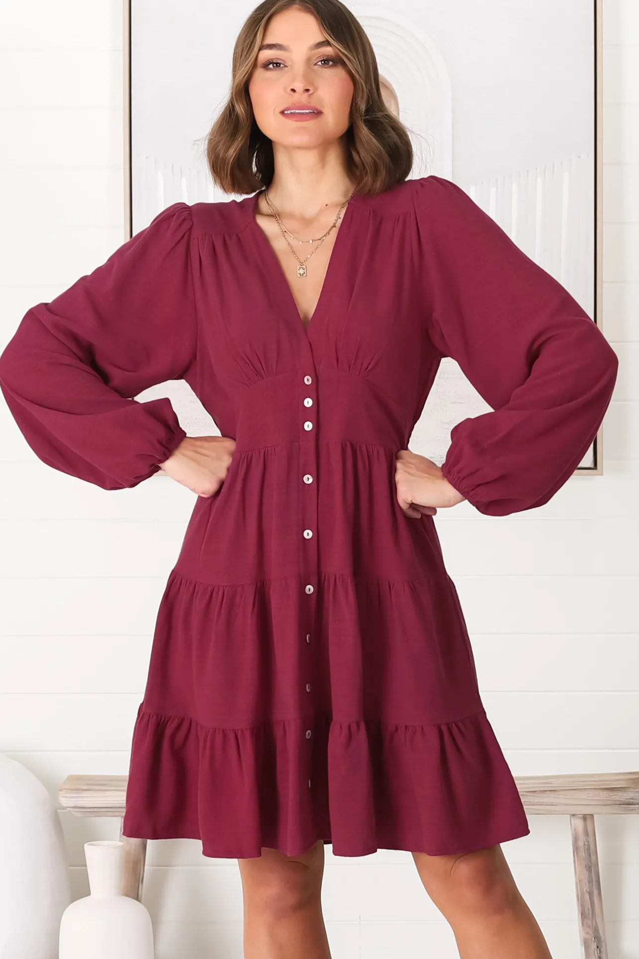 Soho Mini Dress - A Line Button Down Tiered Dress in Berry>Salty Crush Best