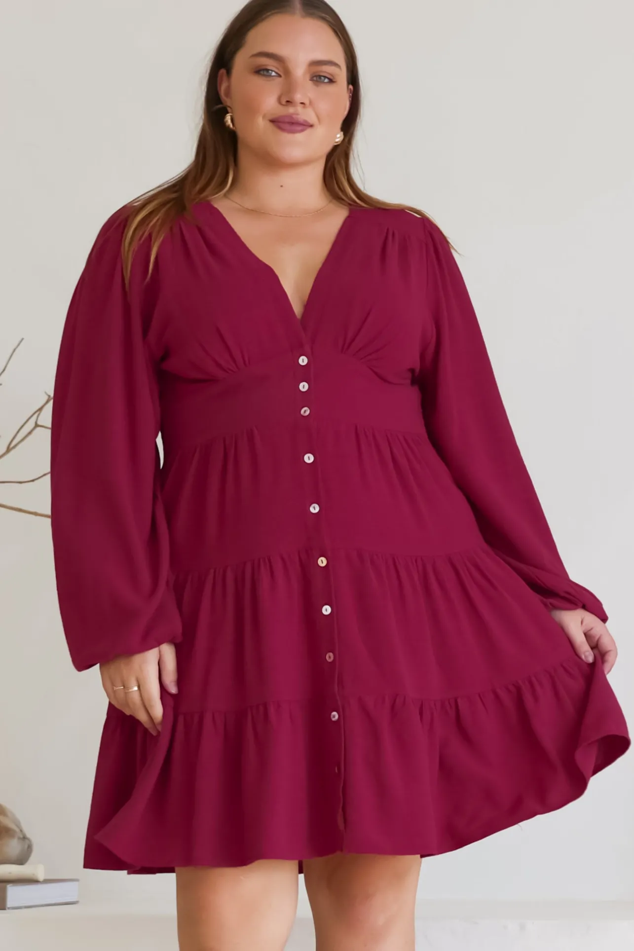 Soho Mini Dress - A Line Button Down Tiered Dress in Berry>Salty Crush Best