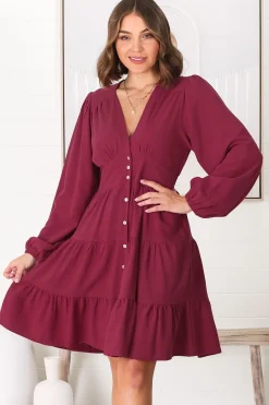Soho Mini Dress - A Line Button Down Tiered Dress in Berry><noscript><img width=