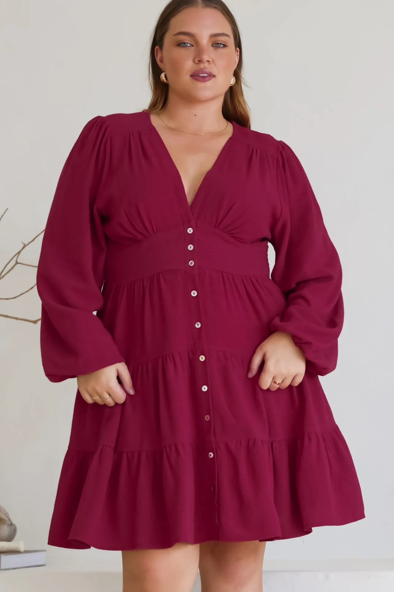 Soho Mini Dress - A Line Button Down Tiered Dress in Berry>Salty Crush Best