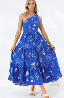 Solara Midi Dress - One Shoulder A-Line Midi Dress in Umiko Print>Salty Crush Best