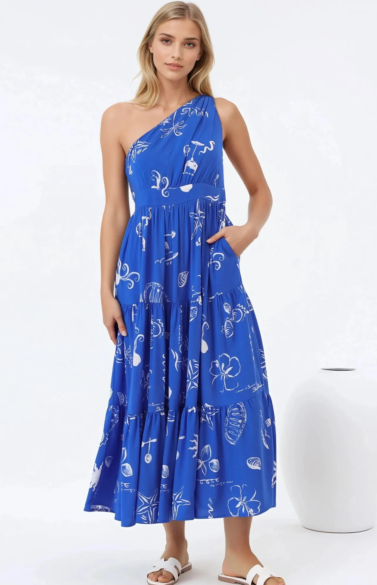 Solara Midi Dress - One Shoulder A-Line Midi Dress in Umiko Print>Salty Crush Best