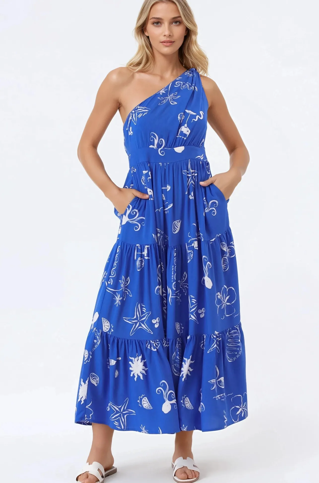 Solara Midi Dress - One Shoulder A-Line Midi Dress in Umiko Print>Salty Crush Best
