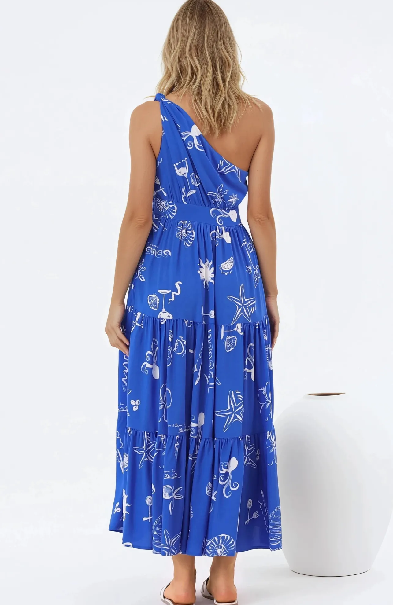 Solara Midi Dress - One Shoulder A-Line Midi Dress in Umiko Print>Salty Crush Best