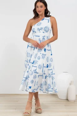 Solara Midi Dress - One Shoulder A-Line Midi Dress in Jorah Print><noscript><img width=