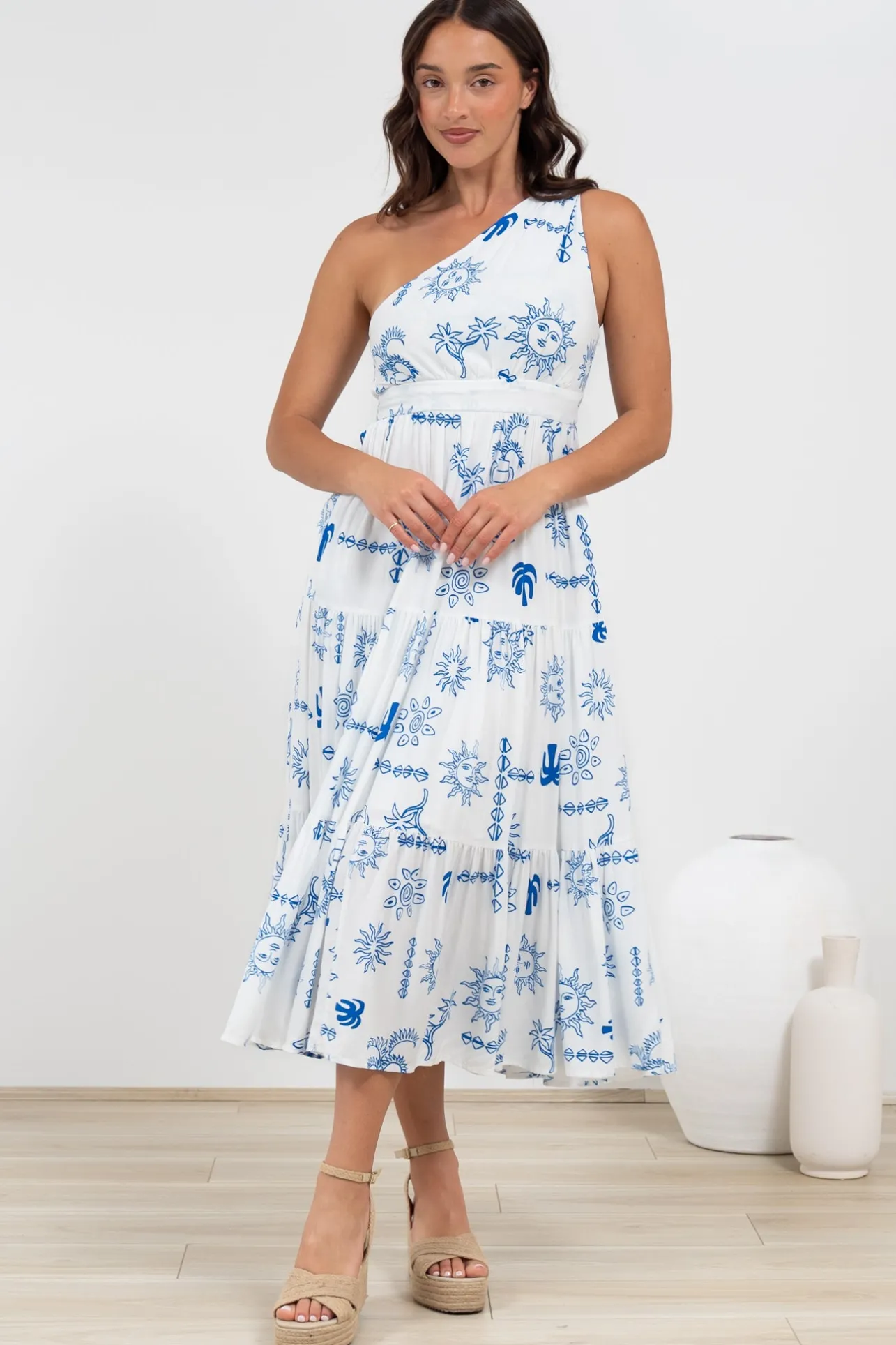 Solara Midi Dress - One Shoulder A-Line Midi Dress in Jorah Print>Salty Crush Discount