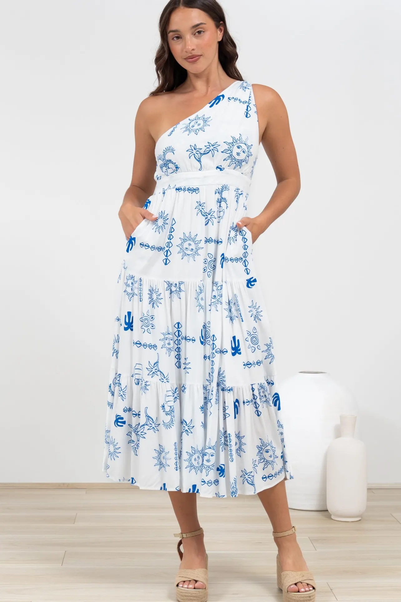 Solara Midi Dress - One Shoulder A-Line Midi Dress in Jorah Print>Salty Crush Discount