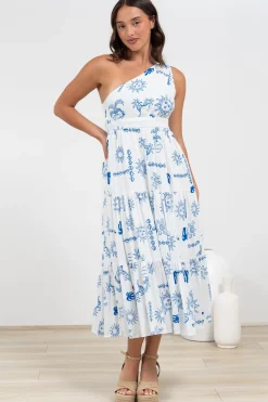 Solara Midi Dress - One Shoulder A-Line Midi Dress in Jorah Print><noscript><img width=